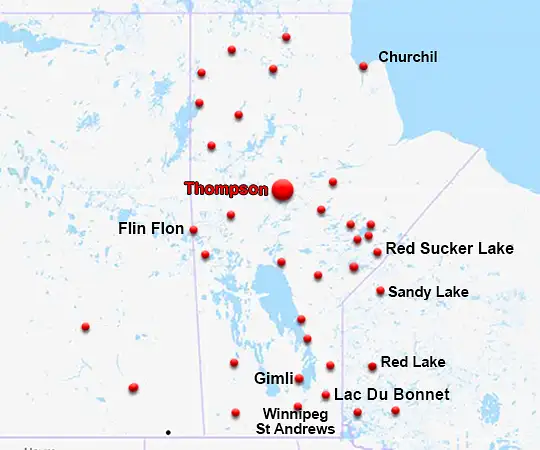 Map showing the location of Thompson in Manitoba